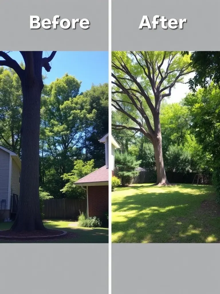 A before-and-after shot of a tree removal project, showing the safe and efficient removal of a large, hazardous tree from a property.
