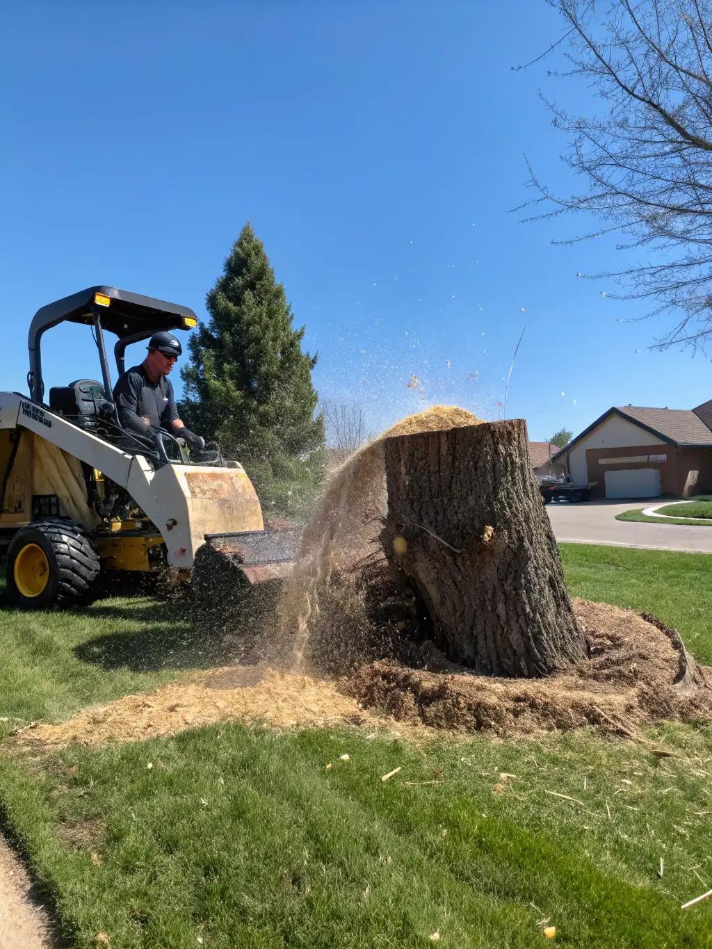 A stump grinding machine in action, grinding down a tree stump in a yard, with wood chips scattered around the area.