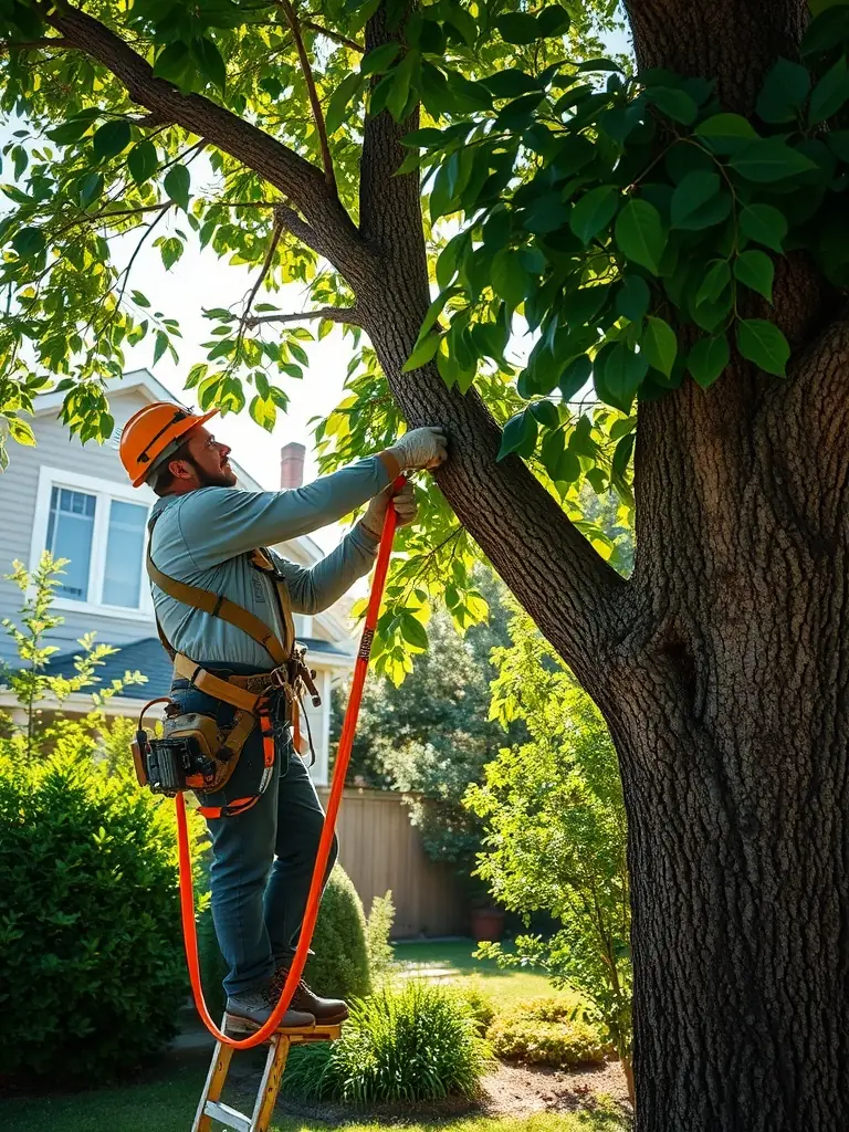 A professional tree trimmer carefully pruning branches of a large oak tree in a residential yard, showcasing precision and care.